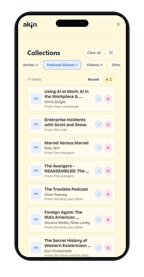 Akin app collections screen on iPhone