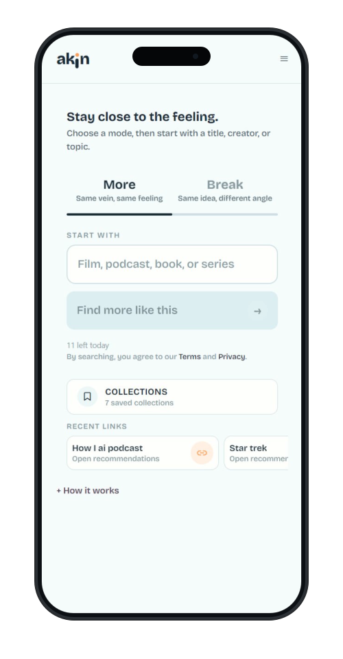 Akin app home screen on iPhone