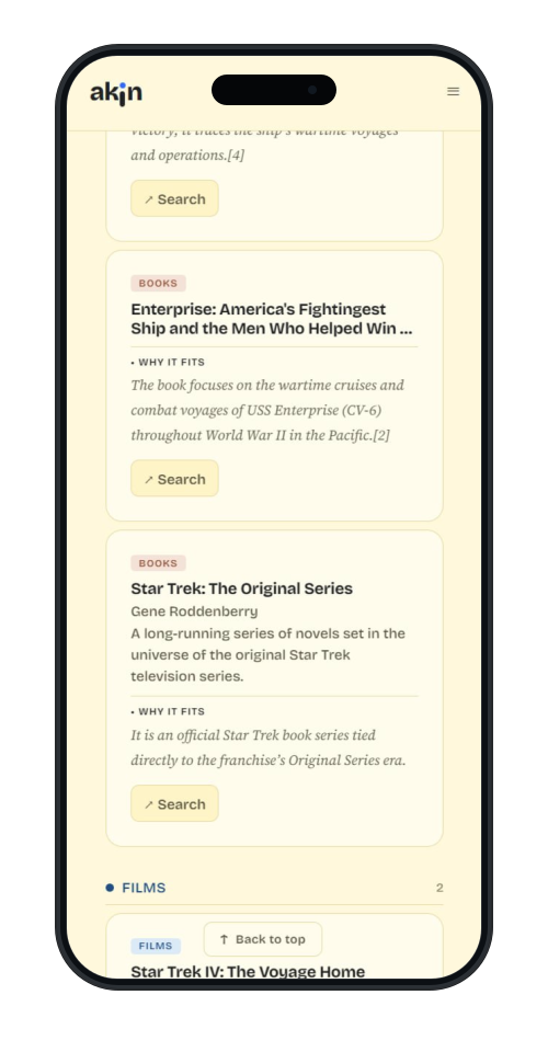 Akin app results screen on iPhone